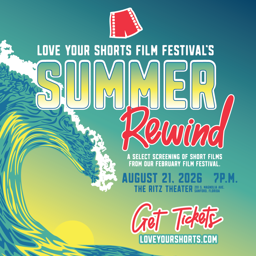 Poster advertising Love Your Shorts Film Festival's Summer Rewind screening with bold 'SUMMER' typography and wave artwork in teal and yellow gradients.